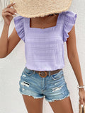 Flutter Sleeve Square Neck Textured Blouse - Purple