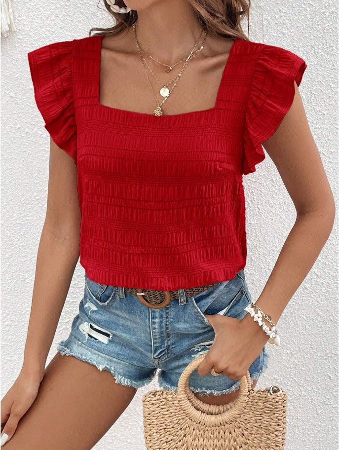 Flutter Sleeve Square Neck Textured Blouse - Red - 1
