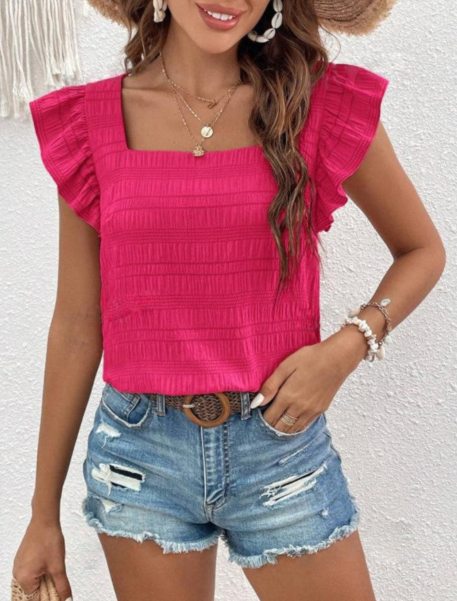 Flutter Sleeve Square Neck Textured Blouse - Rosered - 1