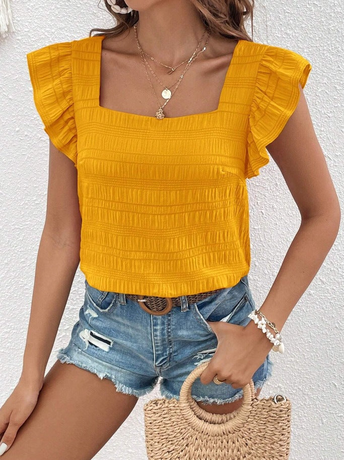 Flutter Sleeve Square Neck Textured Blouse - Yellow - 1
