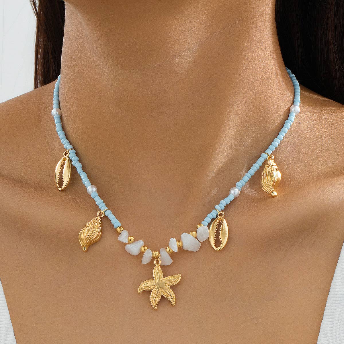 Starfish And Shell Beaded Charm Necklace