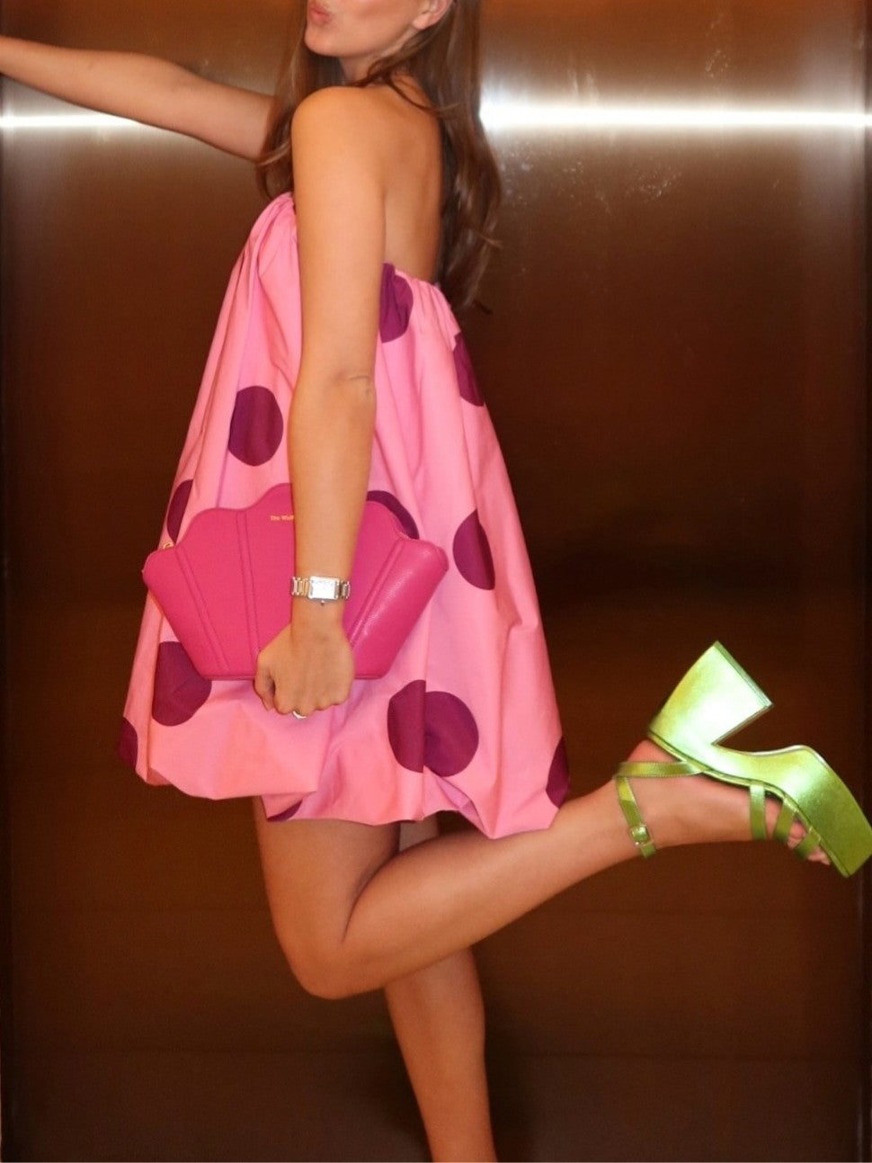 Polka Dot Strapless Bubble Hem Mini Dress - Pink - 1