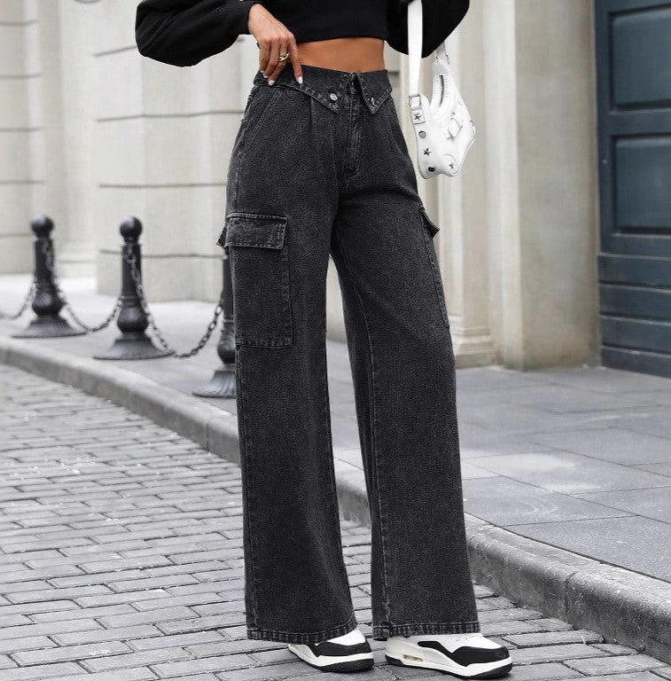Wide Leg Cargo Pocket Jeans - Black - 1