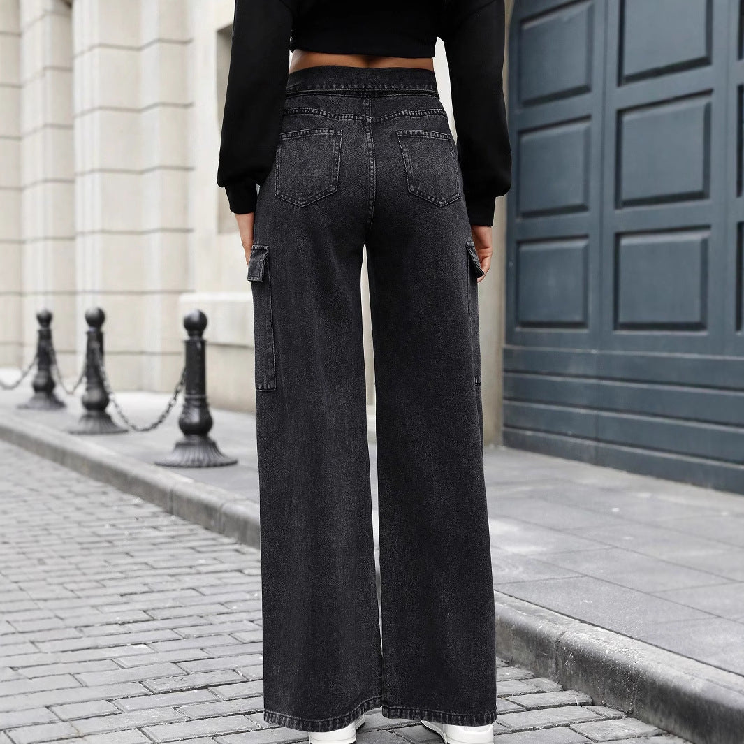 Wide Leg Cargo Pocket Jeans - Black - 2