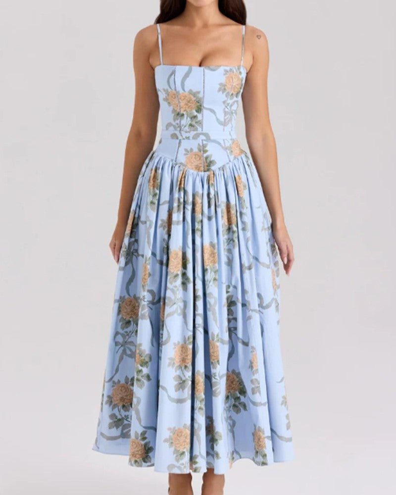 Corset Bodice Floral Midi Dress - Blue