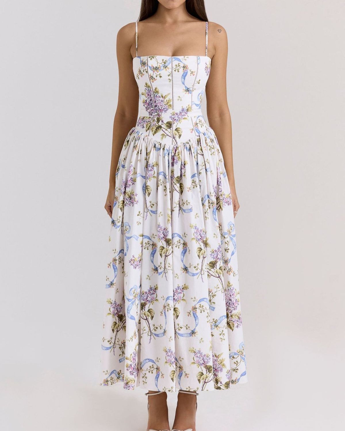 Corset Bodice Floral Midi Dress - Flower_1