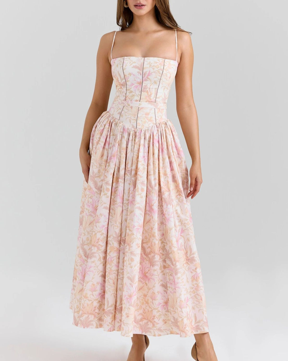 Corset Bodice Floral Midi Dress - Pink_2