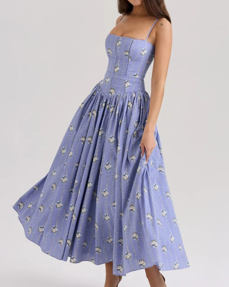 Corset Bodice Floral Midi Dress - Purple