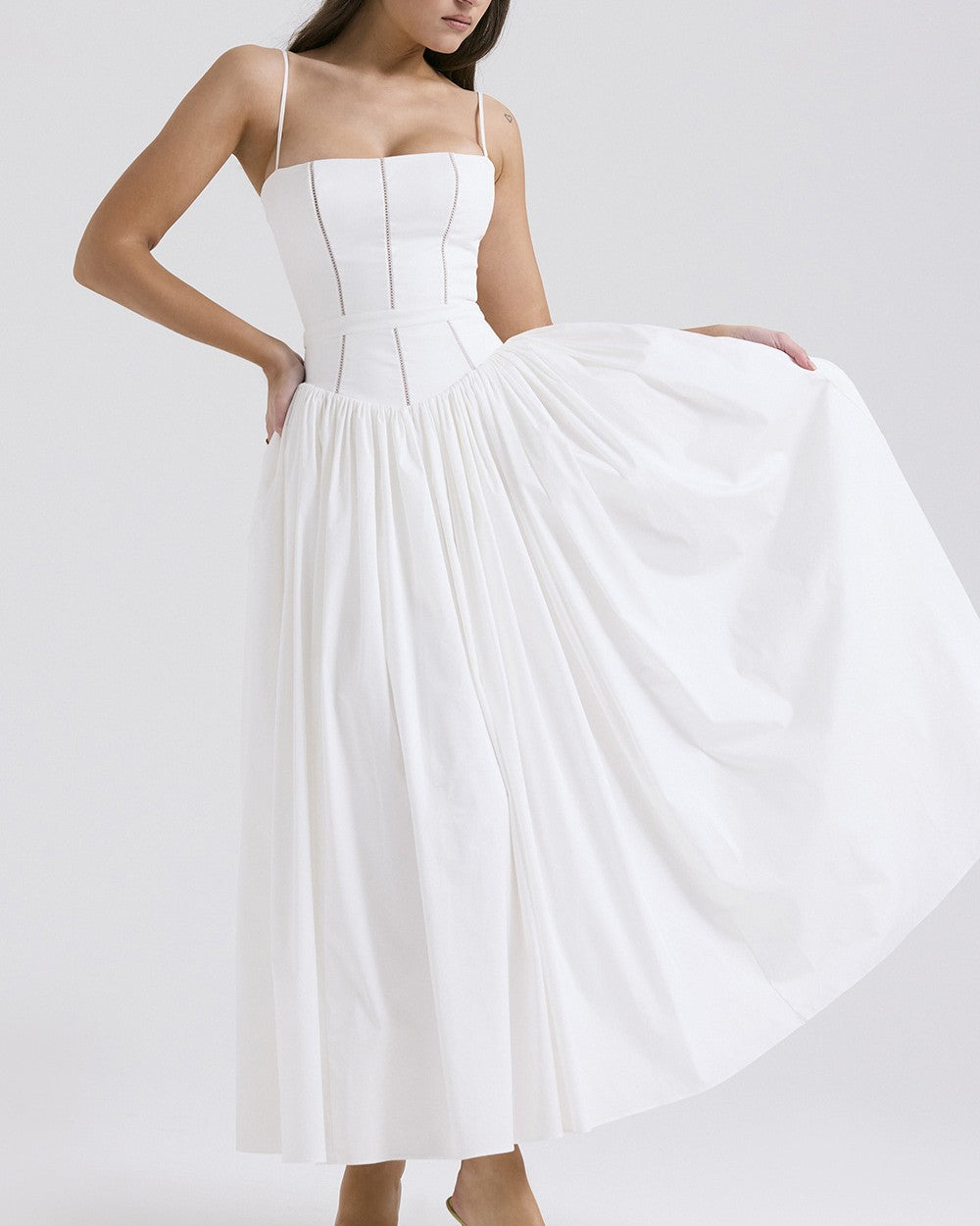 Corset Bodice Floral Midi Dress - White