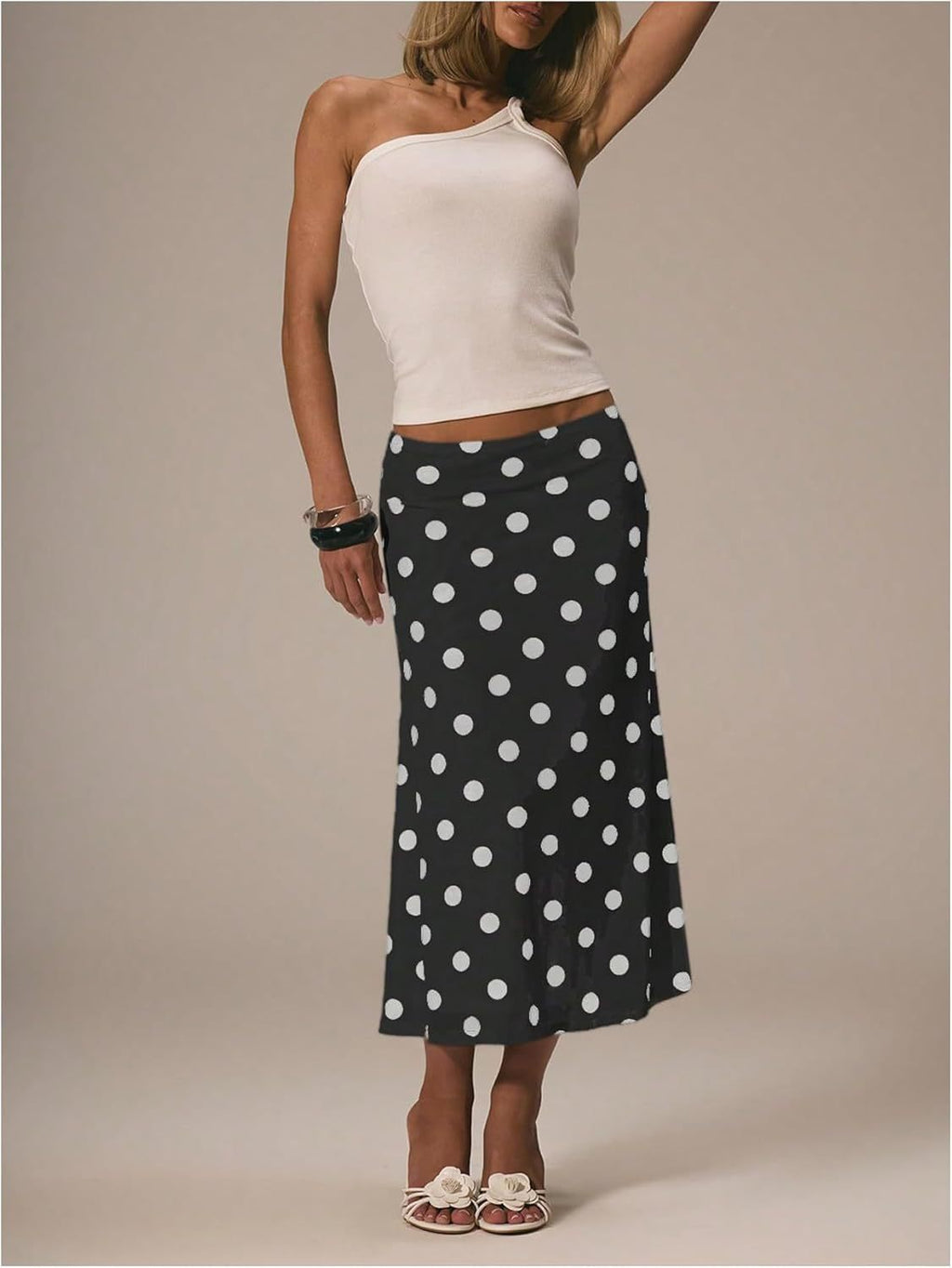 Polka Dot Bias Cut Midi Skirt - black - 4