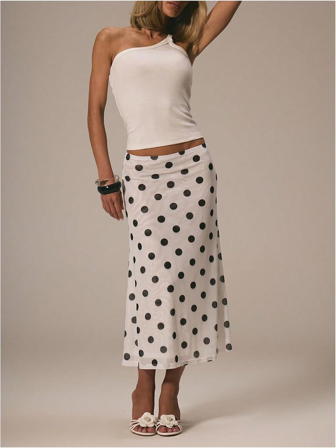 Polka Dot Bias Cut Midi Skirt - white
