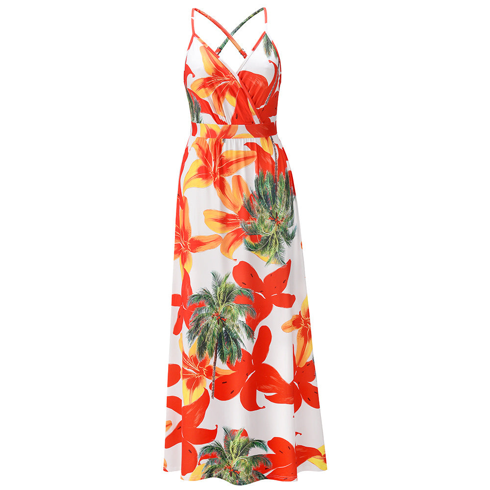 Floral Print Crossback Cami Maxi Dress - Orange