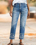 Blue Washed Embroidered Hem Straight Leg Ankle Jeans - Blue