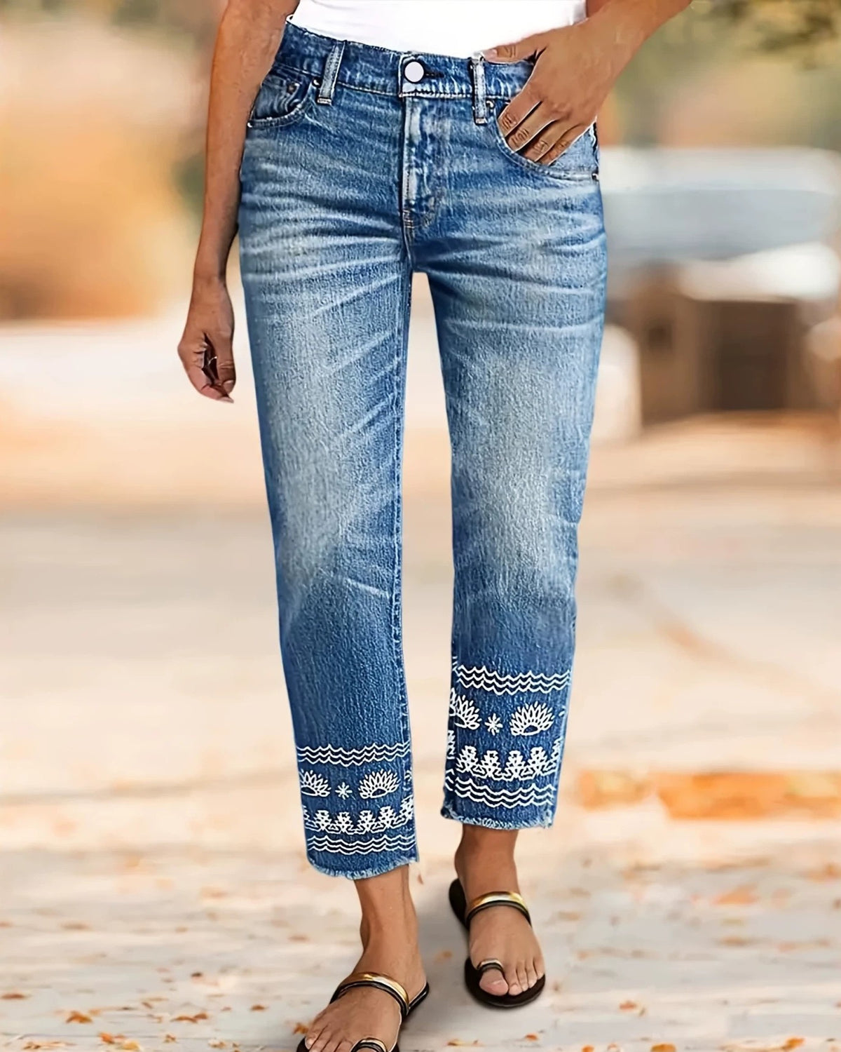 Blue Washed Embroidered Hem Straight Leg Ankle Jeans - Blue - 1