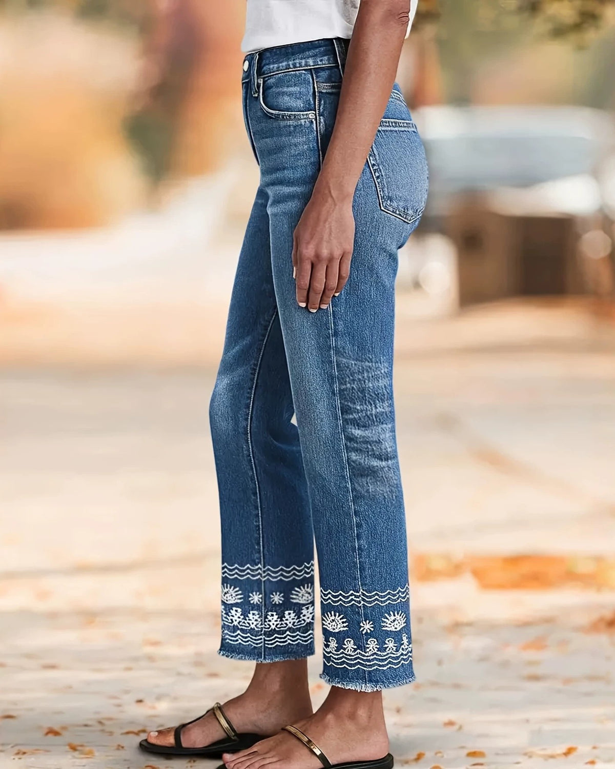 Blue Washed Embroidered Hem Straight Leg Ankle Jeans - Blue - 2
