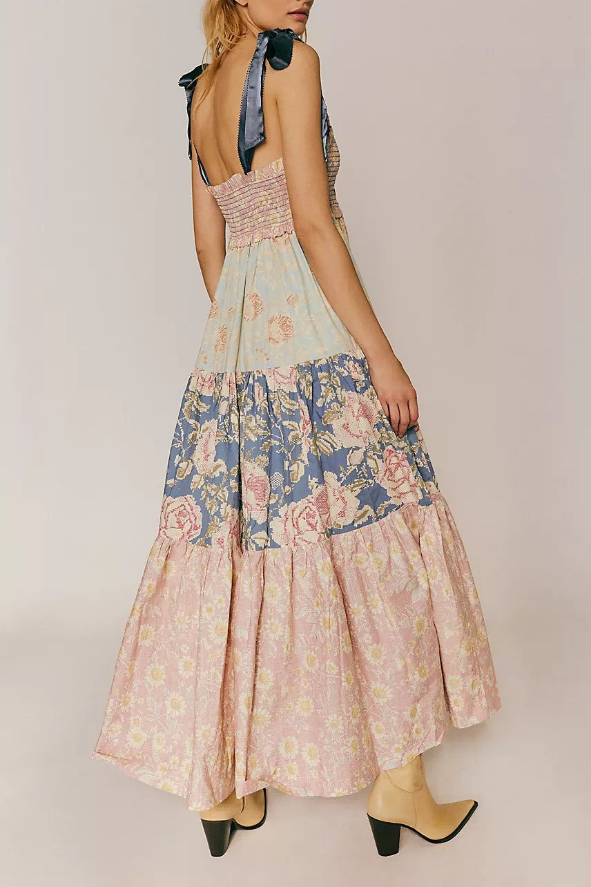 Patchwork Print Tiered Maxi Sundress - Pink - 1