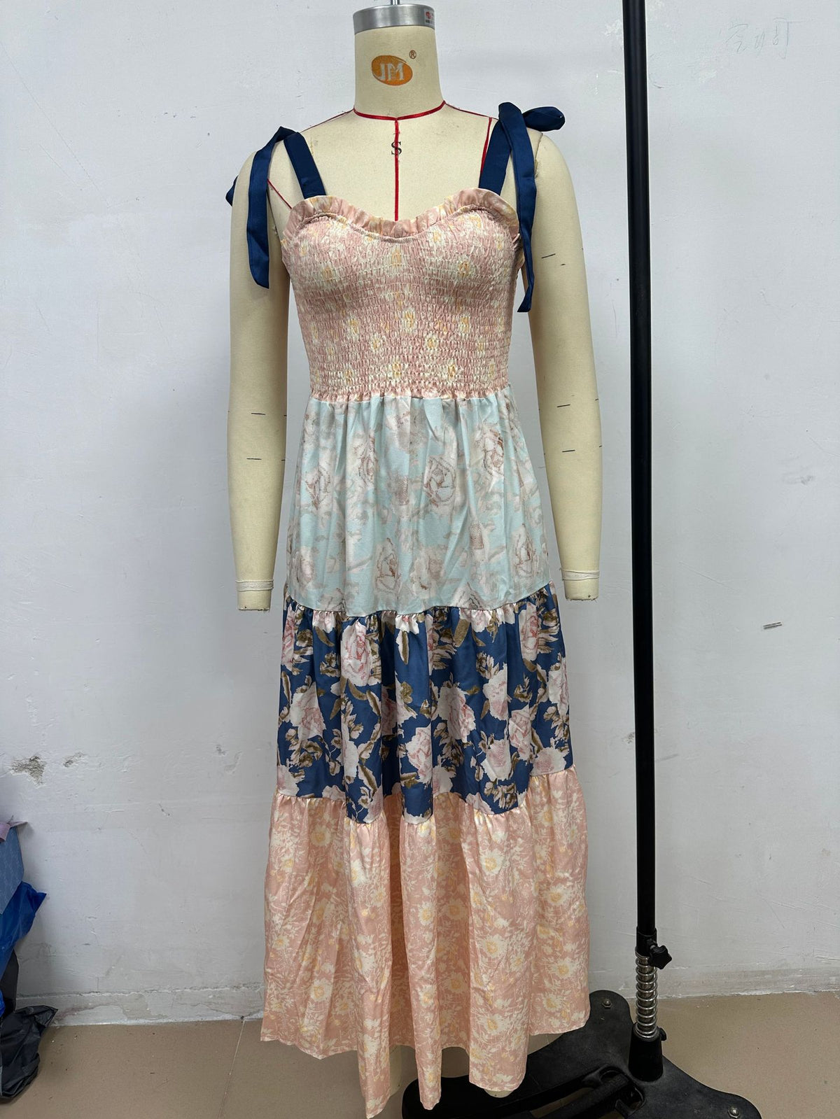 Patchwork Print Tiered Maxi Sundress - Pink - 2