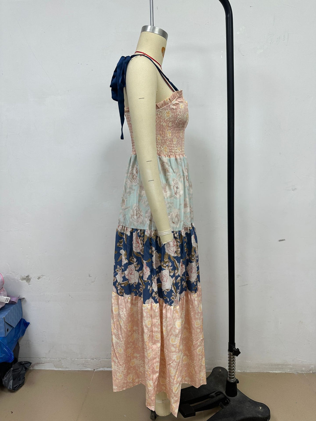 Patchwork Print Tiered Maxi Sundress - Pink - 3