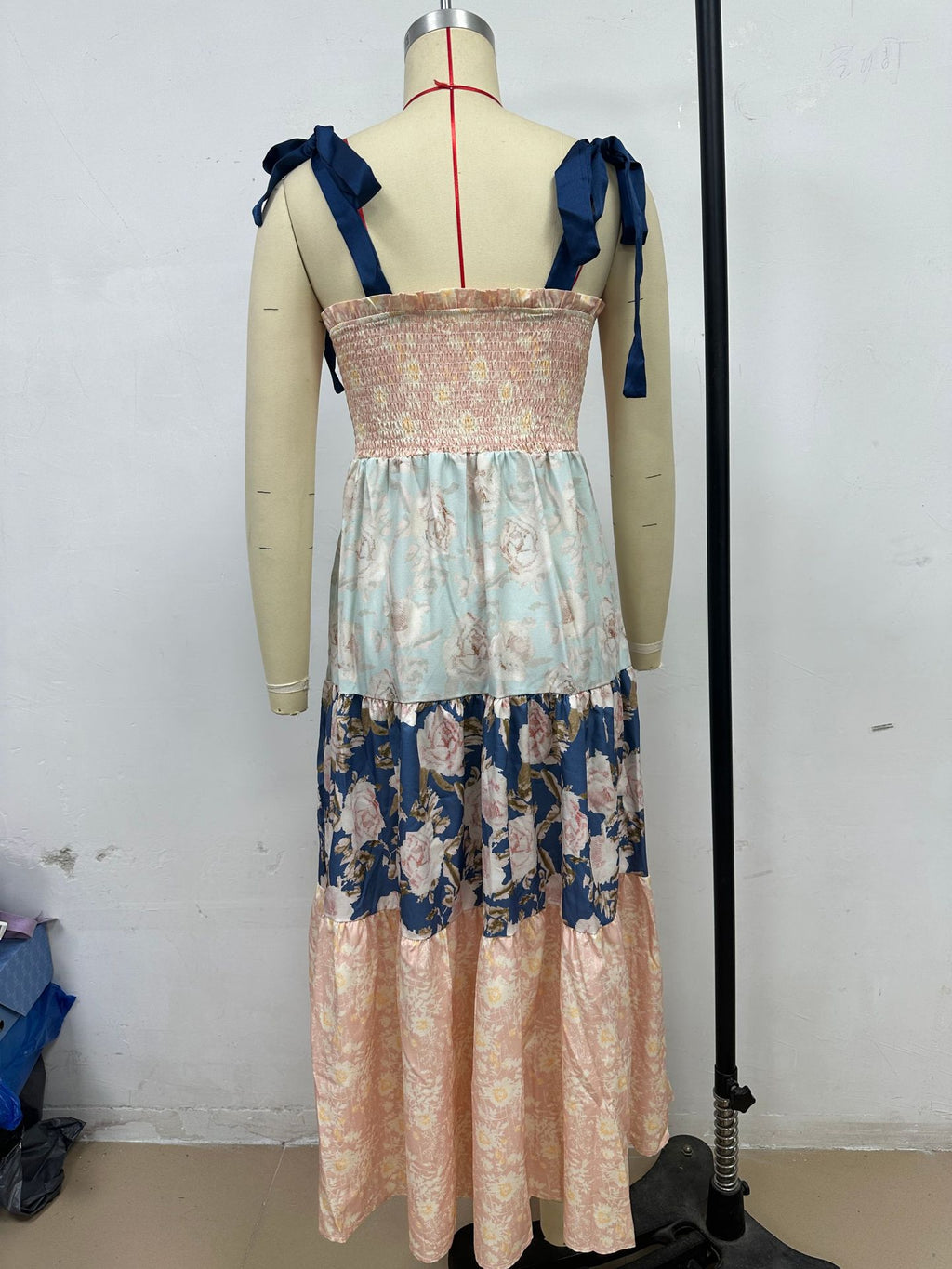 Patchwork Print Tiered Maxi Sundress - Pink - 4