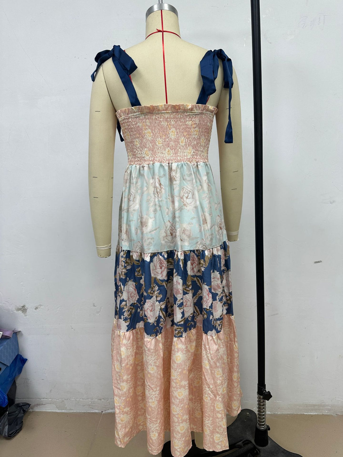 Patchwork Print Tiered Maxi Sundress - Pink - 4