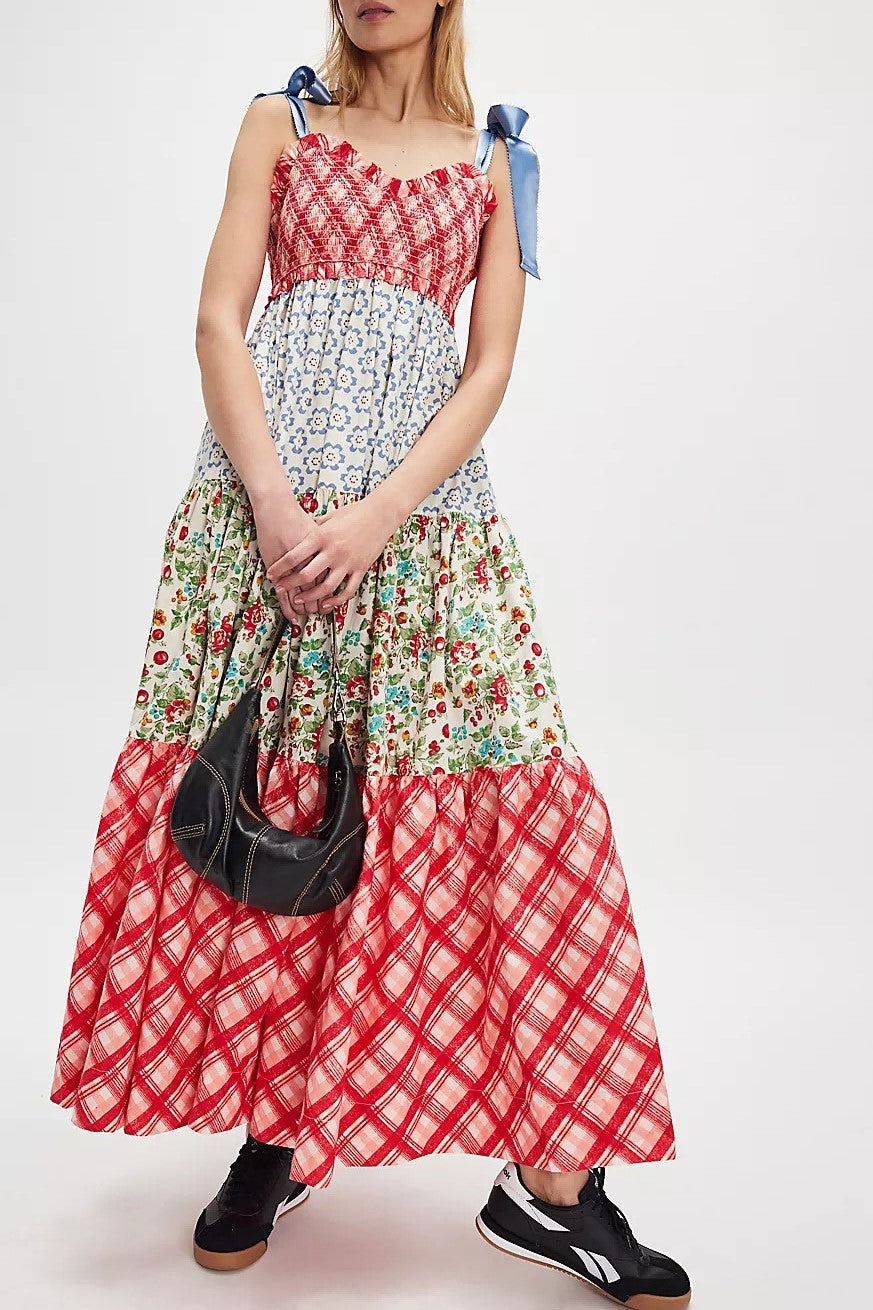 Patchwork Print Tiered Maxi Sundress - Red