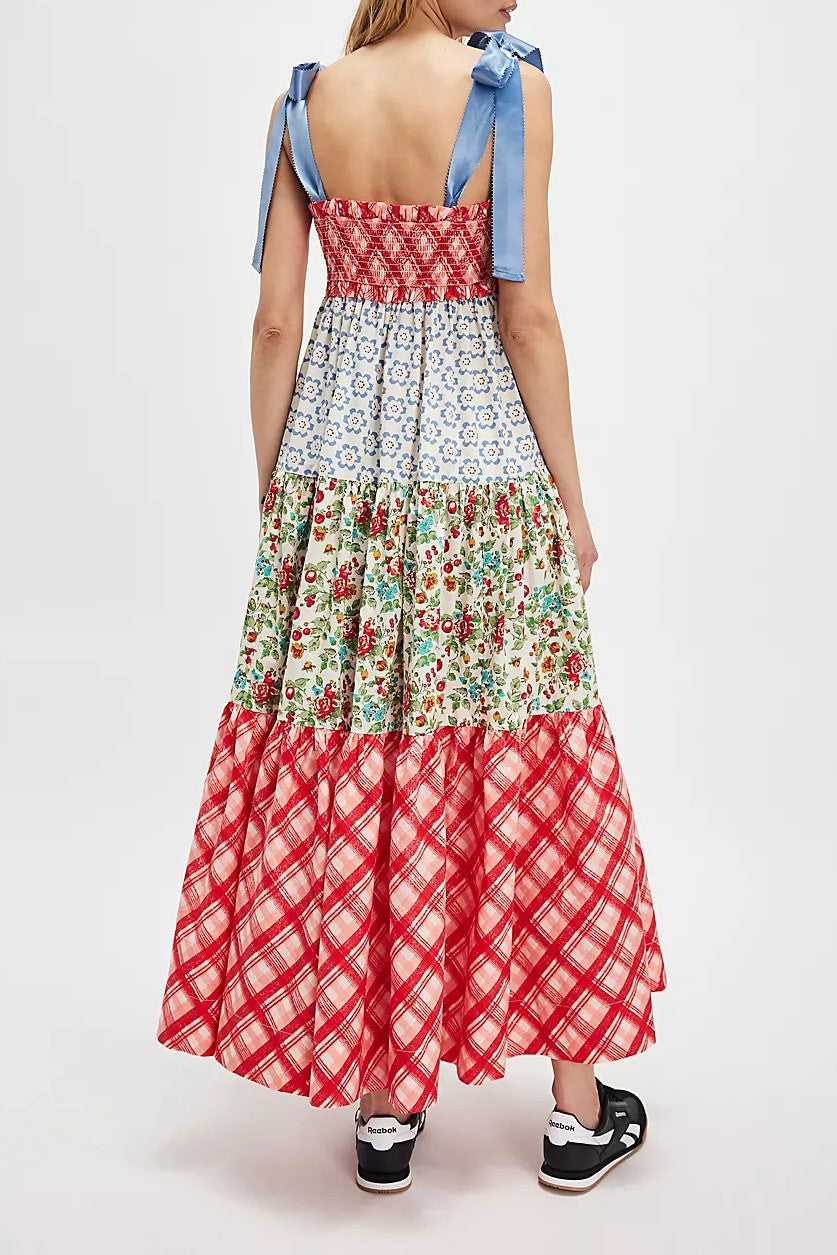 Patchwork Print Tiered Maxi Sundress - Red - 1