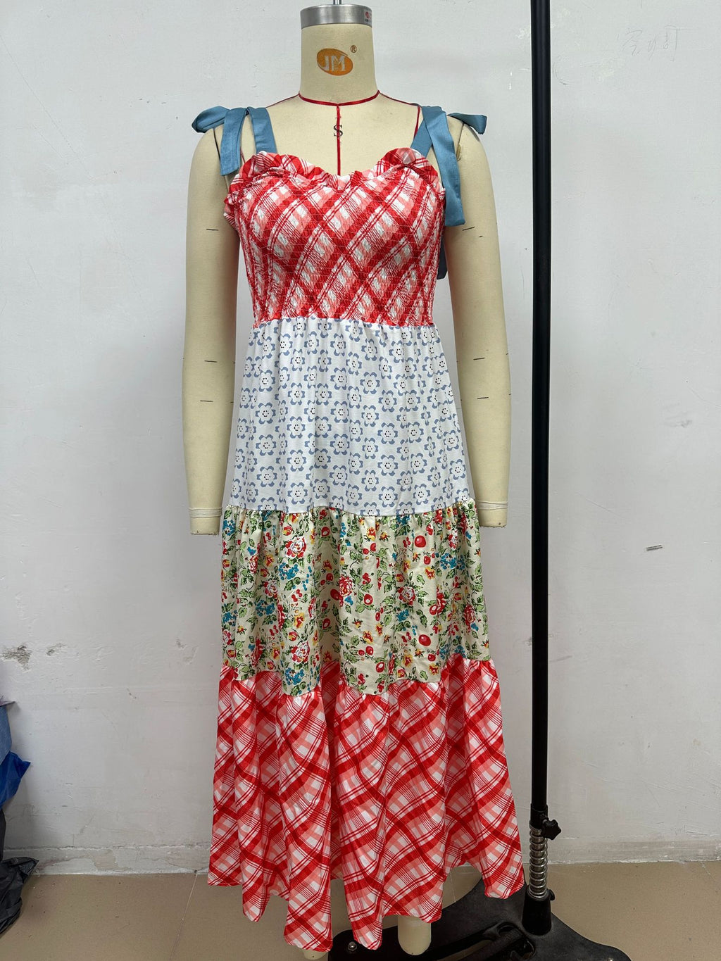 Patchwork Print Tiered Maxi Sundress - Red - 2
