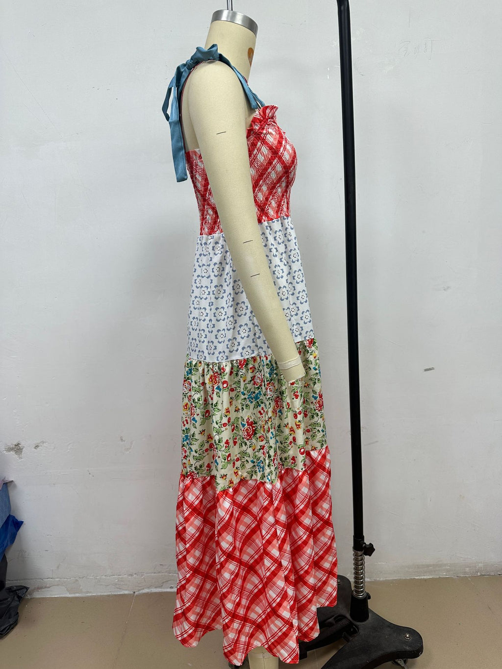 Patchwork Print Tiered Maxi Sundress - Red - 3