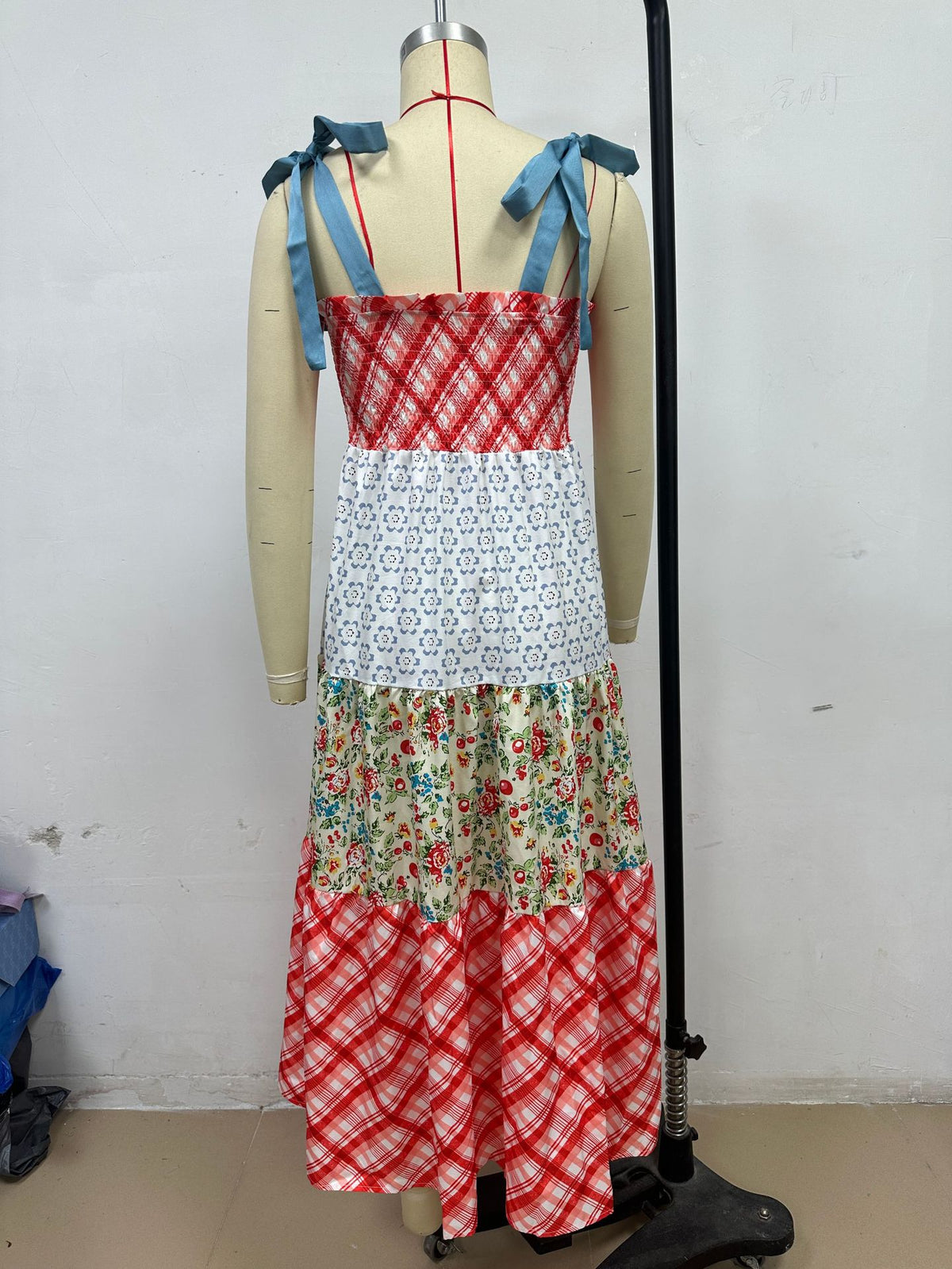 Patchwork Print Tiered Maxi Sundress - Red - 4