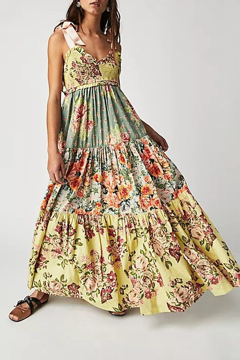 Patchwork Print Tiered Maxi Sundress - Yellow