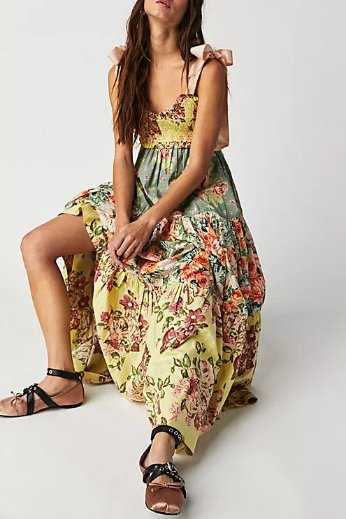 Patchwork Print Tiered Maxi Sundress - Yellow - 1