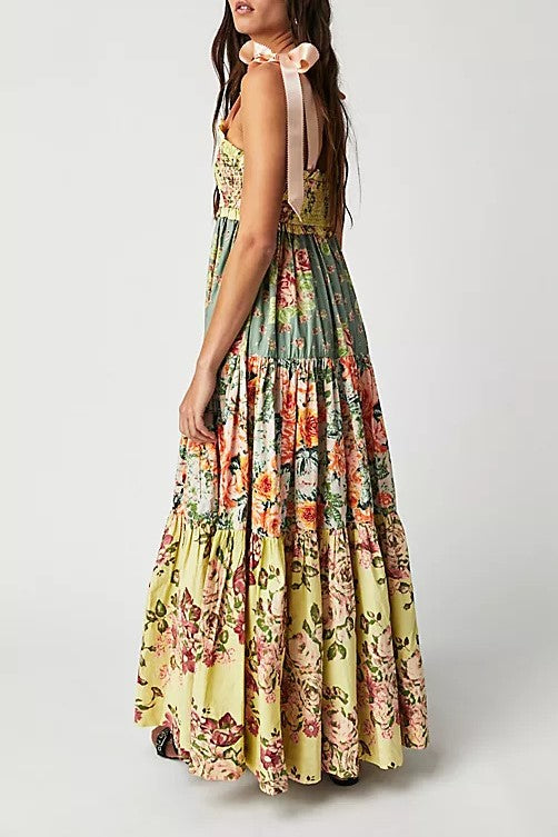 Patchwork Print Tiered Maxi Sundress - Yellow - 2