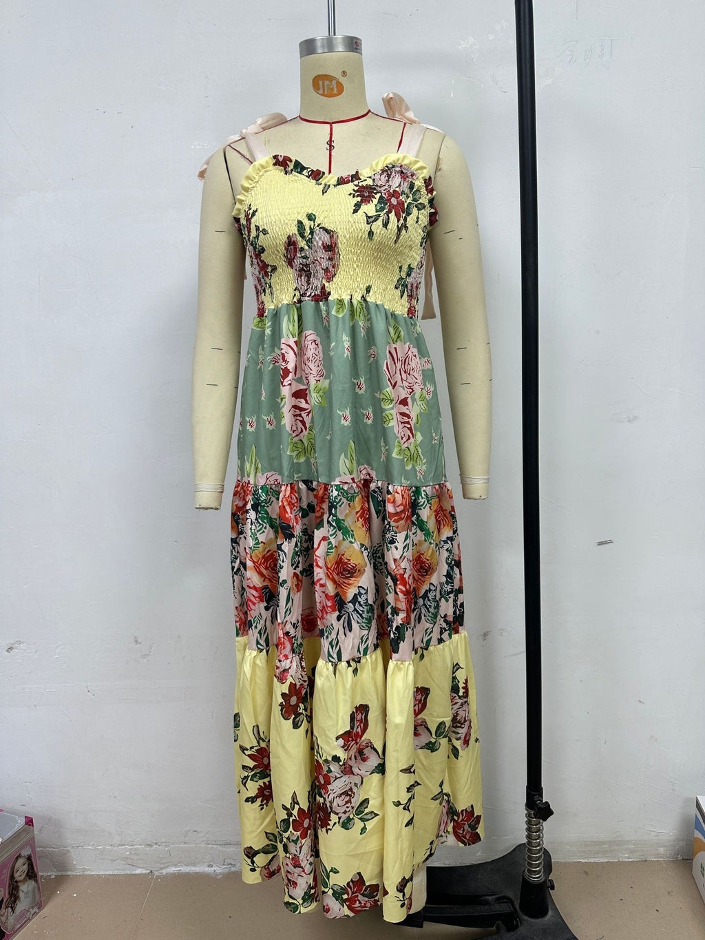 Patchwork Print Tiered Maxi Sundress - Yellow - 3