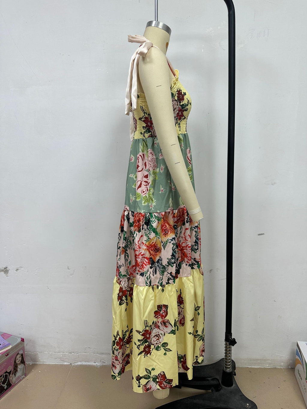 Patchwork Print Tiered Maxi Sundress - Yellow - 4