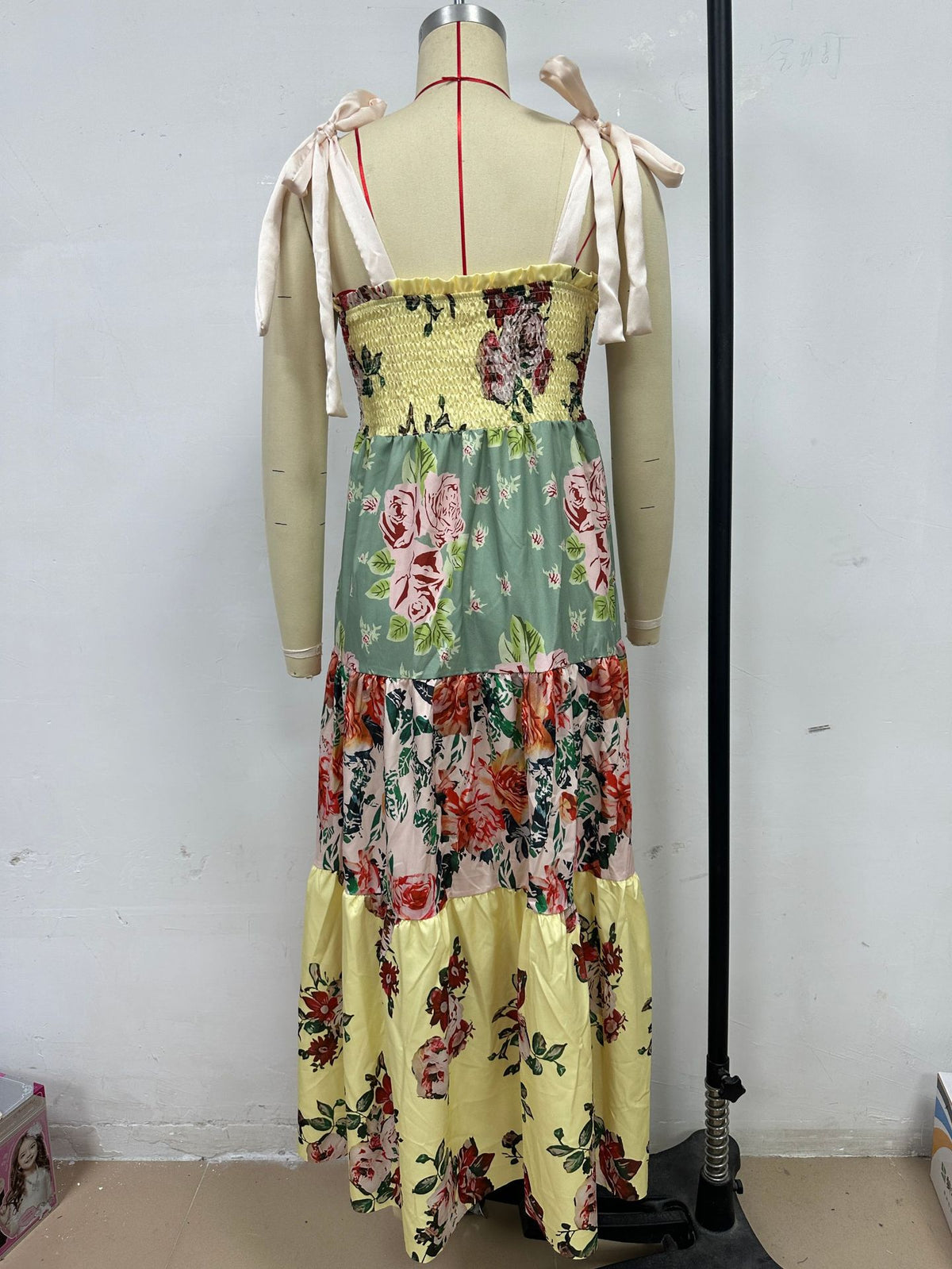 Patchwork Print Tiered Maxi Sundress - Yellow - 5