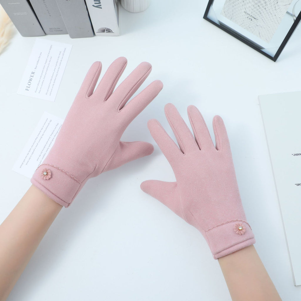 Beaded Button Cuff Fleece Winter Gloves - Pink