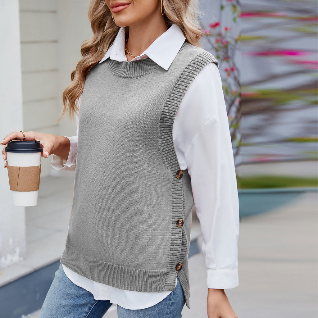 Side Button Split Hem Sweater Vest - Grey