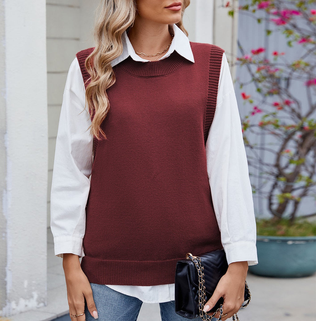 Side Button Split Hem Sweater Vest - Winered