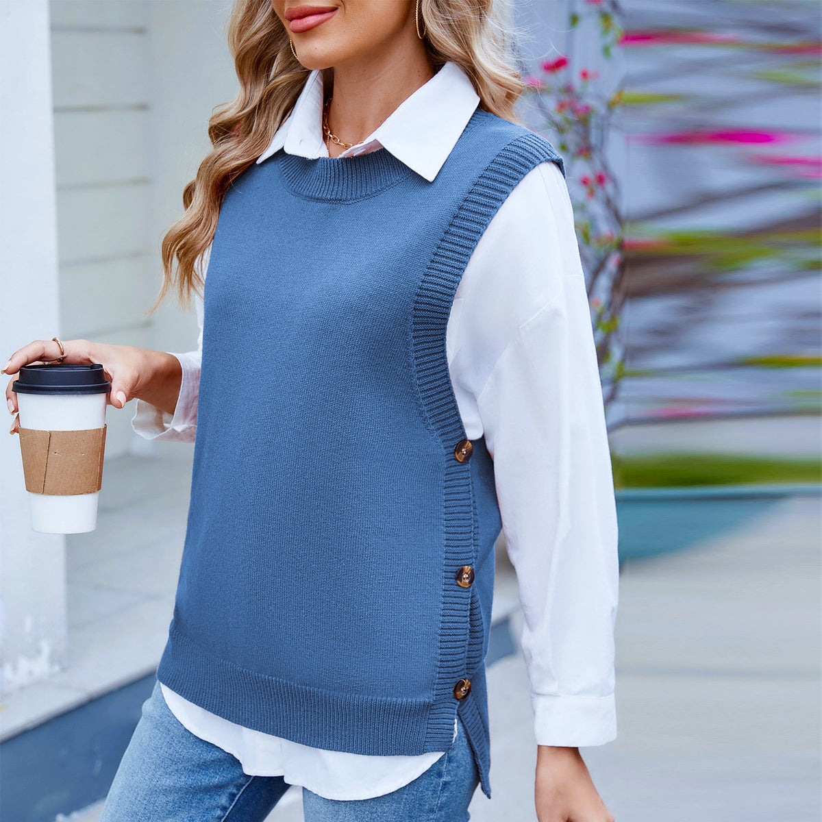 Side Button Split Hem Sweater Vest