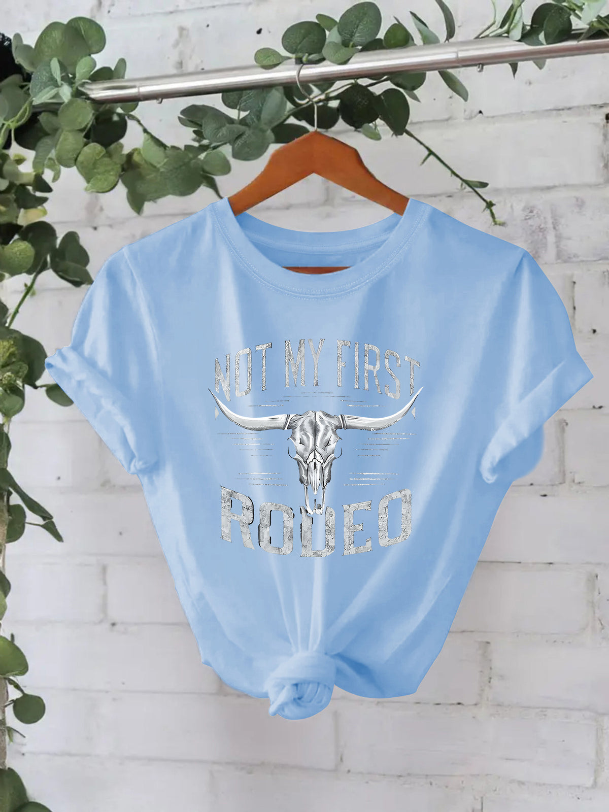 Retro Western Cowgirl Slogan Crewneck T-Shirt - Blue