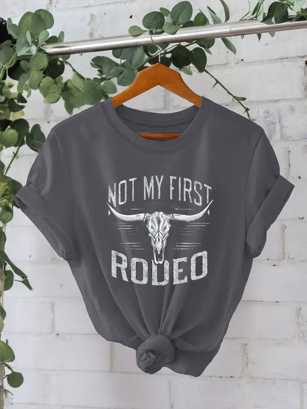 Retro Western Cowgirl Slogan Crewneck T-Shirt - Grey