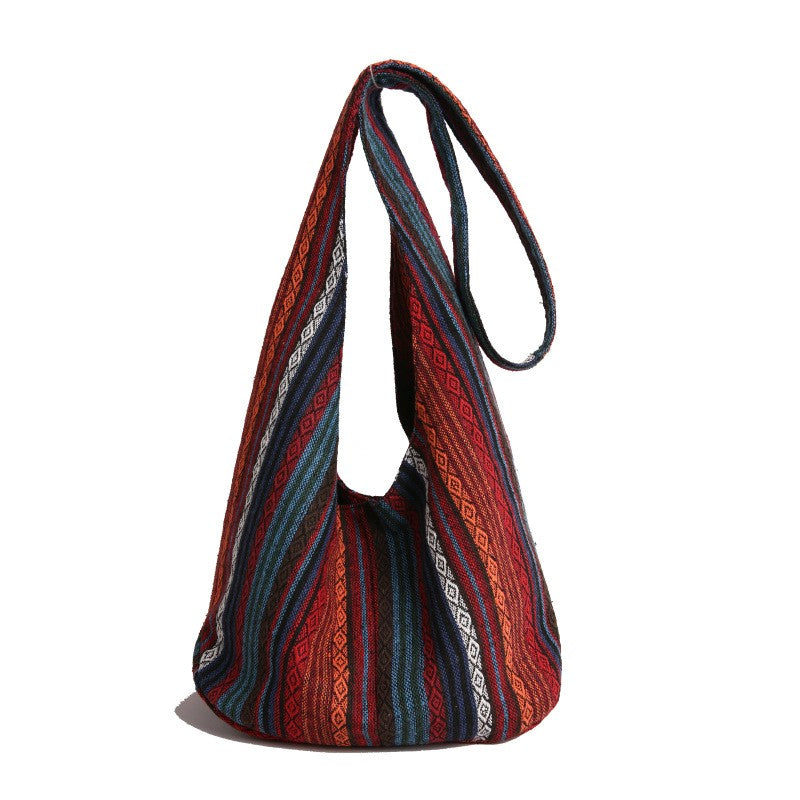 Boho Striped Woven Hobo Shoulder Bag - Red