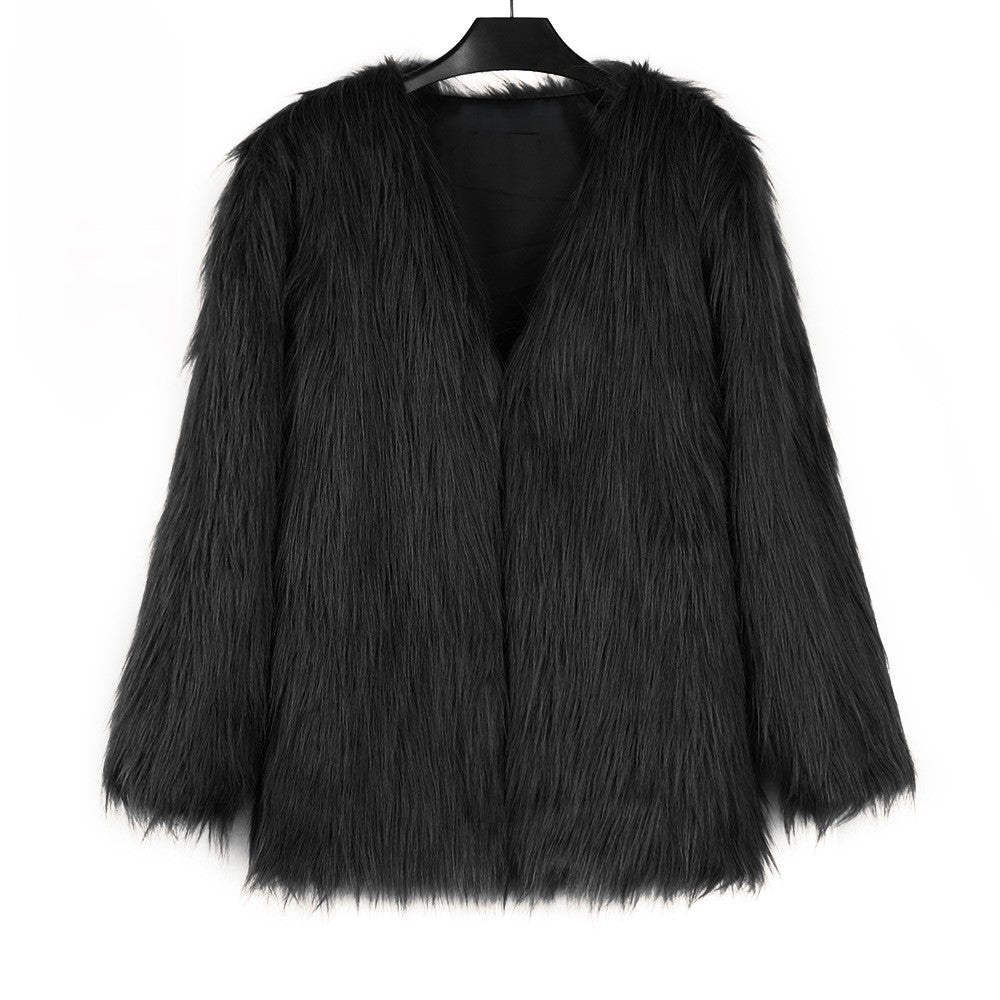 Shaggy Faux Fur Open Front Coat - Black
