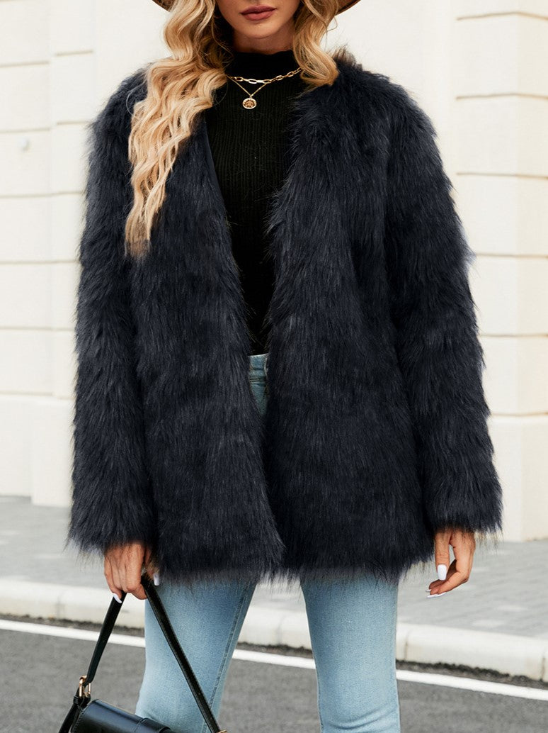 Shaggy Faux Fur Open Front Coat - Black - 2