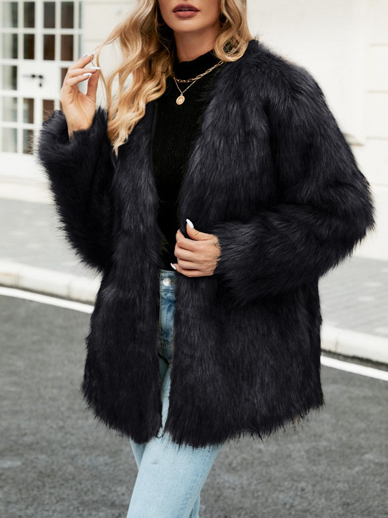 Shaggy Faux Fur Open Front Coat - Black - 3