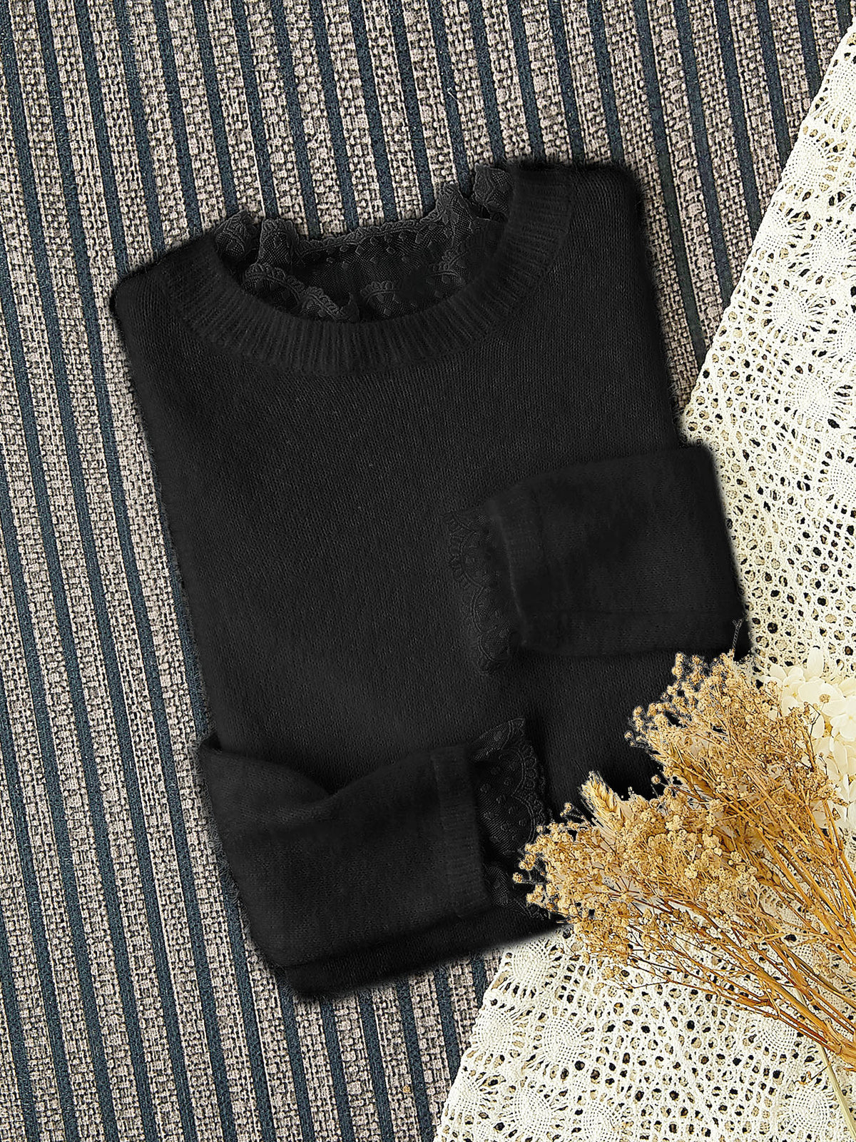 Fluffy Lace Trim Mock Neck Sweater - Black