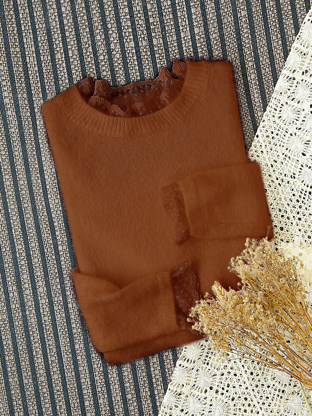 Fluffy Lace Trim Mock Neck Sweater - Coffee