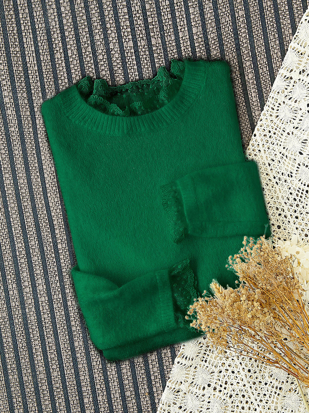 Fluffy Lace Trim Mock Neck Sweater - Green