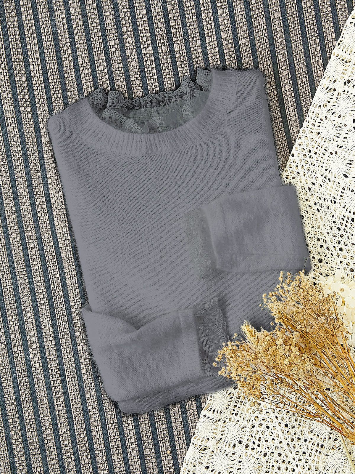 Fluffy Lace Trim Mock Neck Sweater - Grey