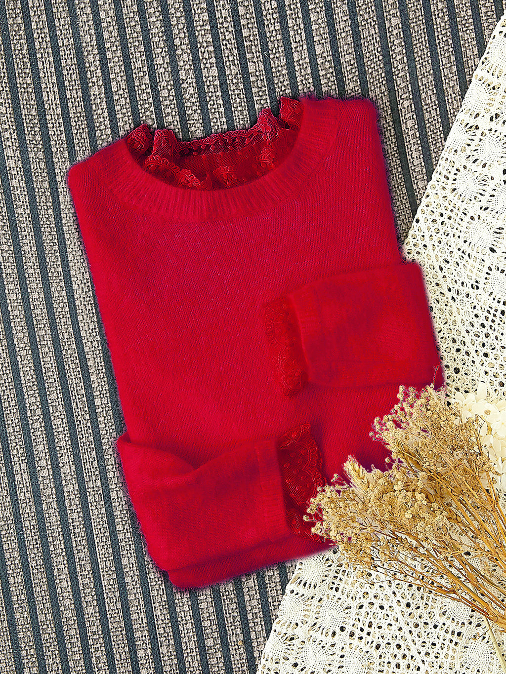 Fluffy Lace Trim Mock Neck Sweater - Red